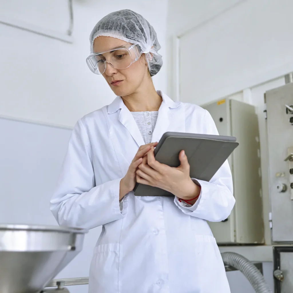 técnico calidad inspeccionando linea producción alimentaria
