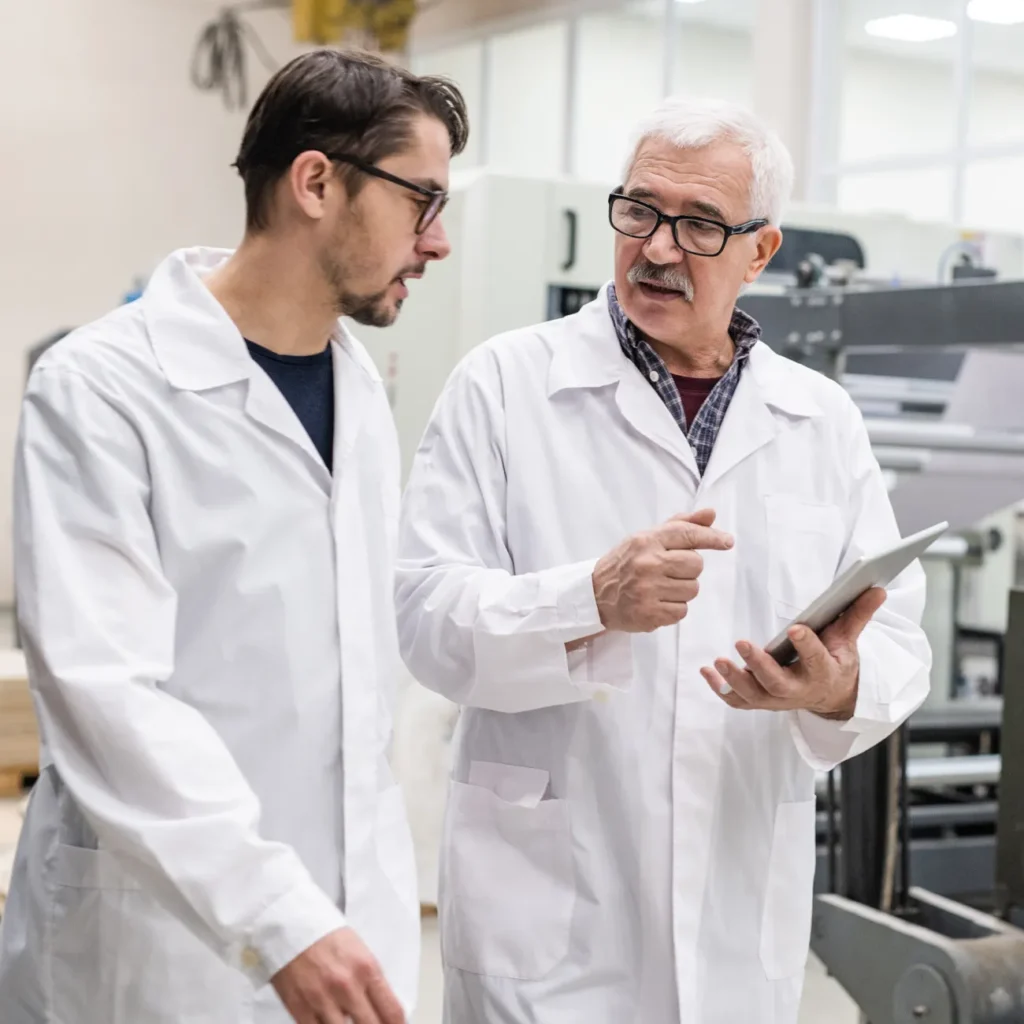 senior-young-quality-experts-lab-coats-using-tablet